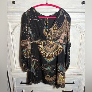 Y2K Alice & Trixie Black Silk Babydoll V-Neck Dress Medallion Feather Boho